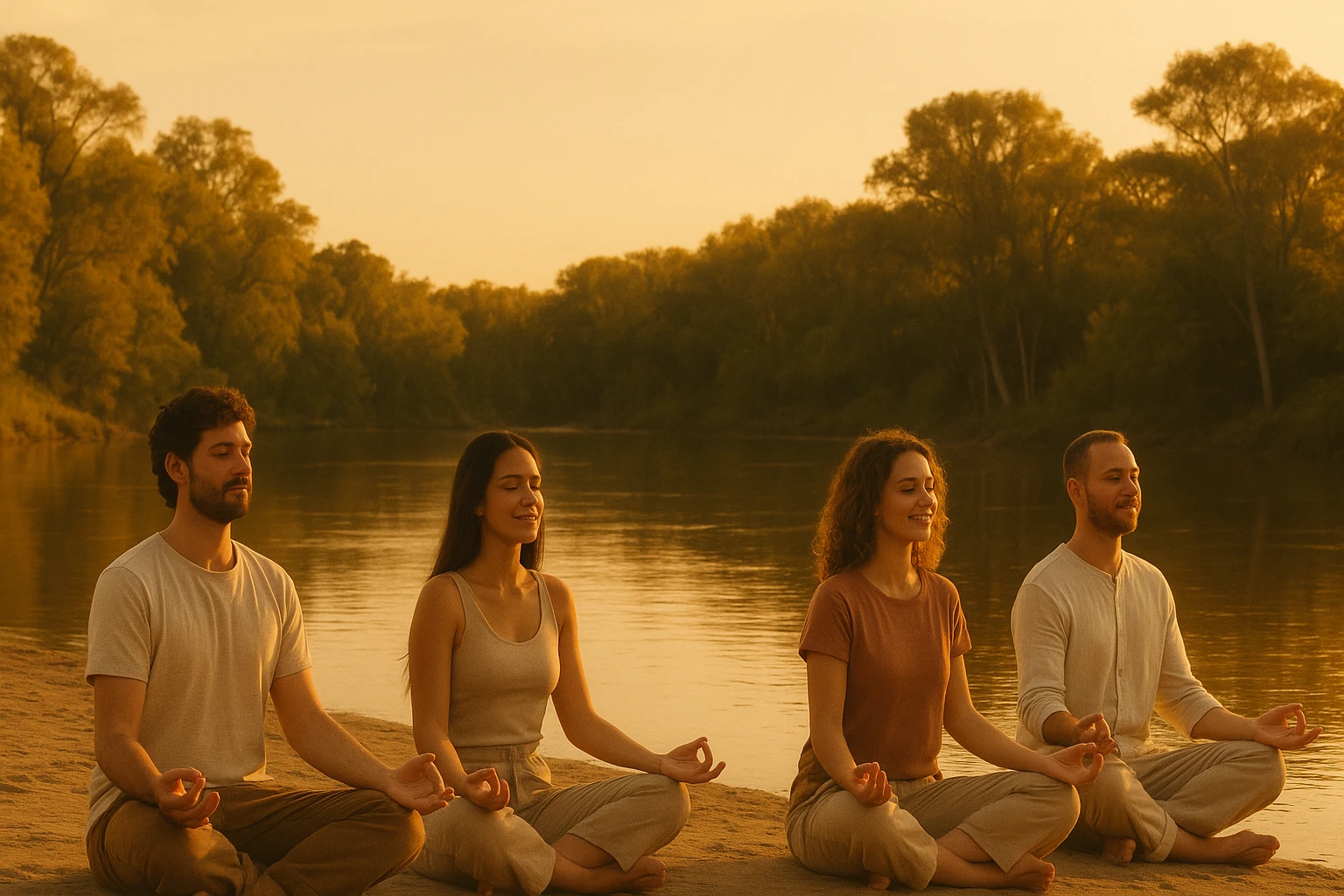 Cuatro personas meditando al atardecer junto al río en La Paz, Entre Ríos, con fondo de vegetación y luz dorada.