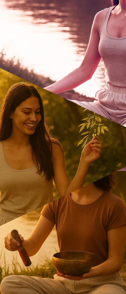 Persona practicando yoga suave frente al río al atardecer, rodeada de vegetación autóctona.

Persona caminando tranquilamente por sendero de monte nativo, tocando hojas y respirando aire puro.

Persona meditando junto al río con cuenco tibetano en las manos, en entorno natural.