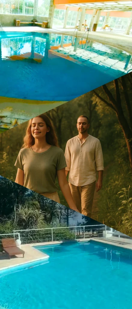 Aguas termales al amanecer, con luz suave reflejada en el agua.

Personas caminando realizando limpieza de chakras durante una caminata por el monte nativo.

Persona en piscina de hotel realizando ejercicios de respiración suave al amanecer, ambiente tranquilo.