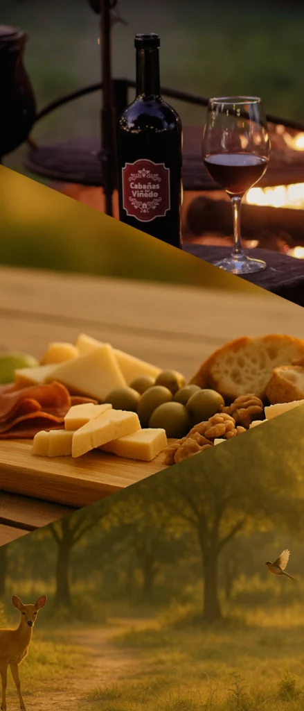 Copas de vino tinto y blanco sobre mesa rústica con viñedo difuminado en el fondo a la luz dorada.

Tabla de picada con quesos, fiambres, pan y copas de vino en mesa de madera iluminada por luz natural.

Bosque nativo con un cervatillo parcialmente oculto entre la vegetación y un ave pequeña posada en una rama.